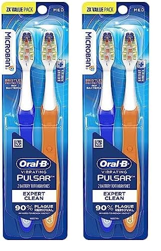 Oral-B Pulsar Pro-Health Expert Clean, Battery electric toothbrush, 2 count MEDIUM toothbrush pack, removes plaque, travel essentials tooth brush