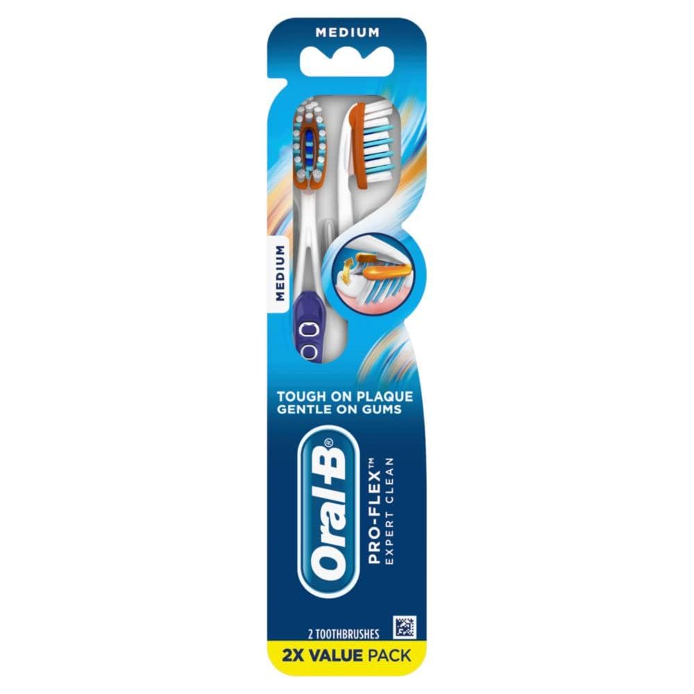 Oral-B 3D White Deep Stain Remover toothbrushes, 2 count toothbrush MEDIUM, Removes 90% of surface stains, whitens teeth, deep reach, removes plaque and stains tooth brush