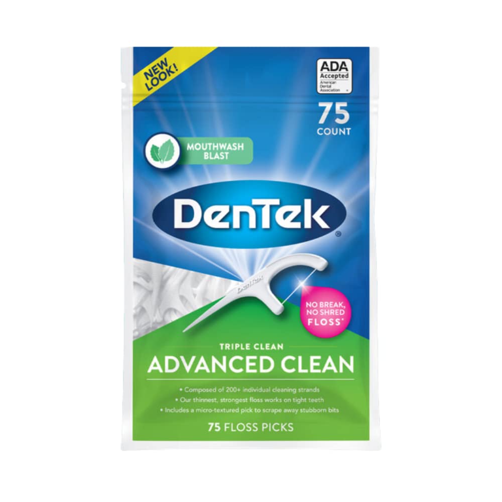 DenTek Triple Clean Advanced Clean Floss Picks, No Break & No Shred Floss, 75 Count, 3 Pack