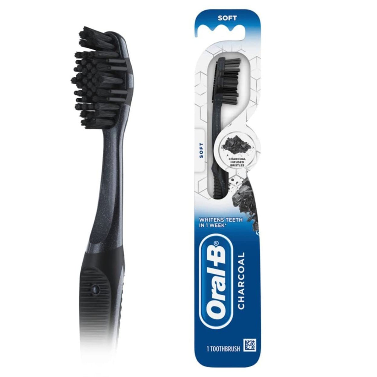 Oral-B 3D White Charcoal Toothbrush, 2 Count Soft Manual tootbrush Pack, Whitens Teeth, removes Plaque and Stains, Tongue Scraper Tooth Brush