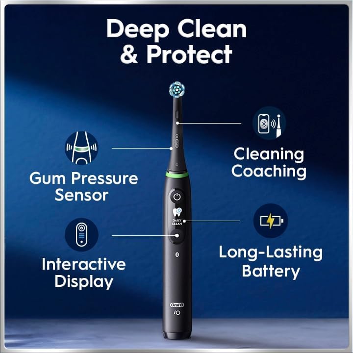 Oral-B iO Deep Clean + Protect Rechargeable Electric Toothbrush, Black, iO Series 7, 2 Replacement Brush Heads, Charging Travel Case (package may vary)