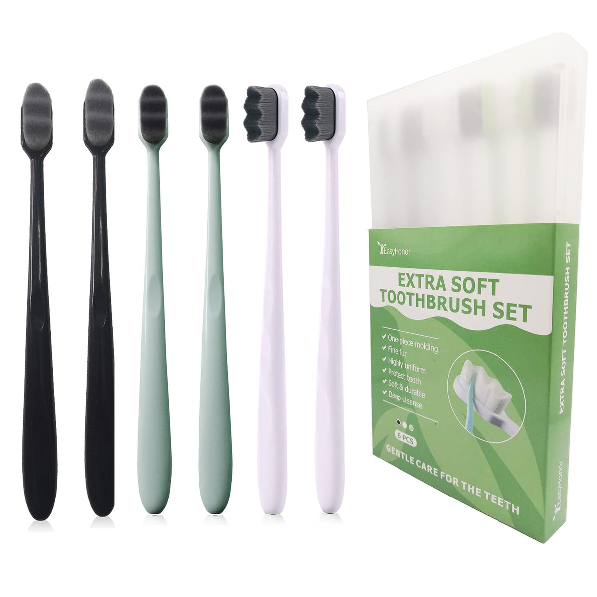 EasyHonor Extra Toothbrush for Sensitive Gums, Micro Fur Manual Toothbrush with 20000 Soft Floss Bristle for Pregnant Women, Elderly, Braces and Gum Recessions, Protect Fragile Gums (6 Pack)