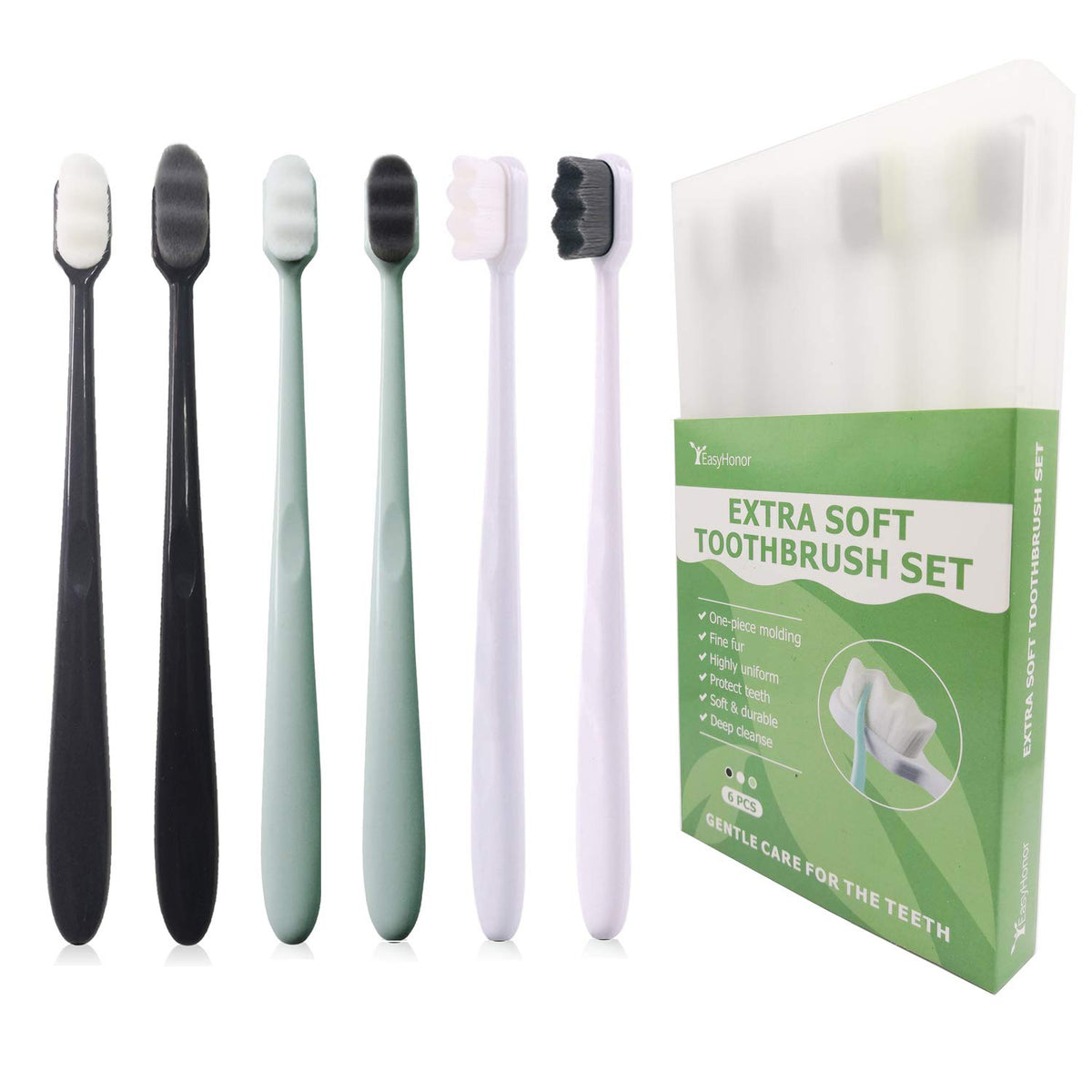 EasyHonor Extra Toothbrush for Sensitive Gums, Micro Fur Manual Toothbrush with 20000 Soft Floss Bristle for Pregnant Women, Elderly, Braces and Gum Recessions, Protect Fragile Gums (6 Pack)