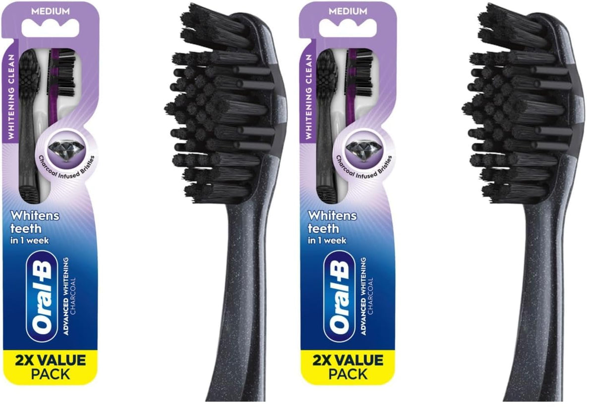 Oral-B 3D White Charcoal Toothbrush, 2 Count Soft Manual tootbrush Pack, Whitens Teeth, removes Plaque and Stains, Tongue Scraper Tooth Brush