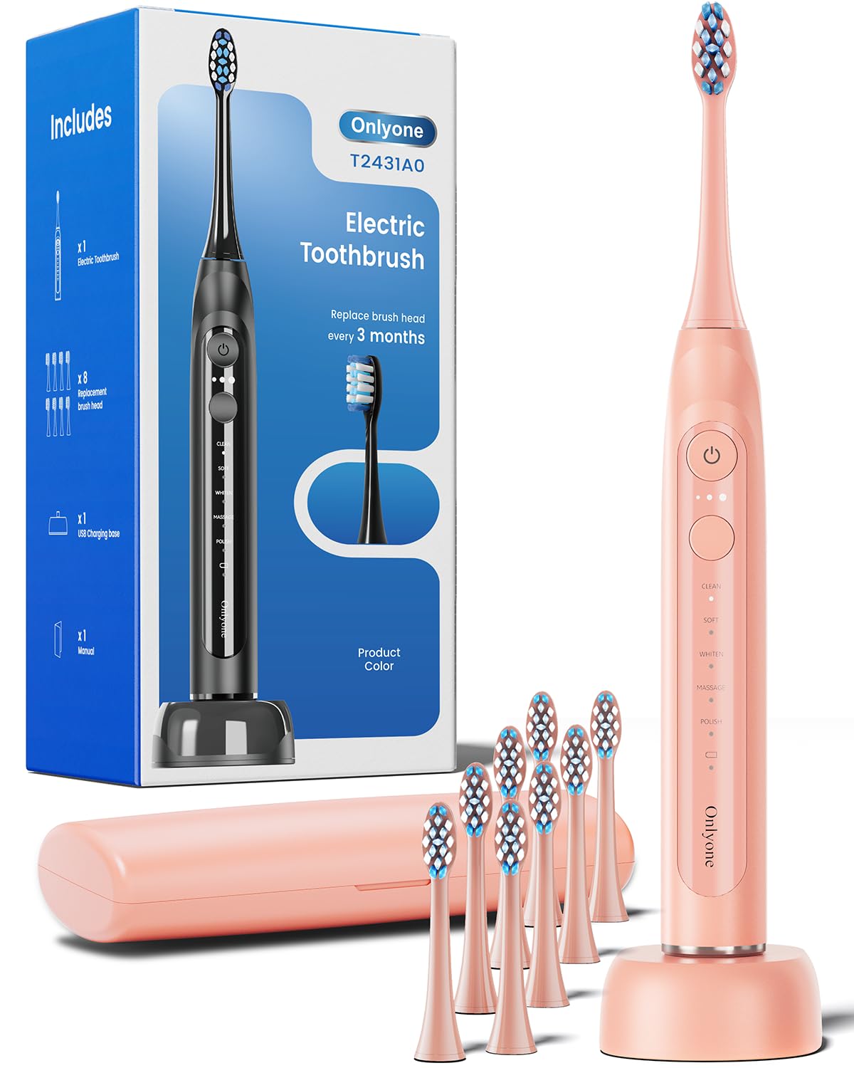 Onlyone Electric Toothbrush for Adults, Rechargeable Electric Toothbrush with 8 Brush Heads, Travel Case, Charging Base & Wireless Charging - 5 Modes with Smart Timer