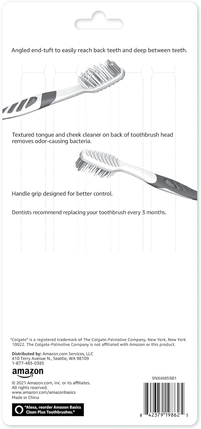 Amazon Basics Clean Plus Soft Bristle Toothbrushes with Angled End-Tuft, Cheek and Tongue Cleaner, Full Size, 10 Count, 1 Pack (Previously Solimo)