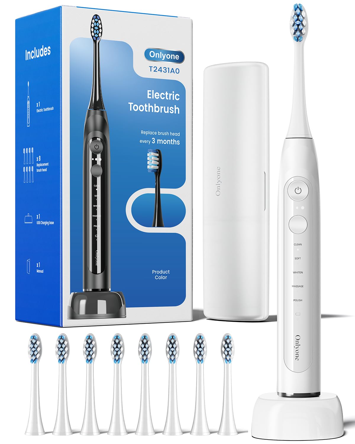 Onlyone Electric Toothbrush for Adults, Rechargeable Electric Toothbrush with 8 Brush Heads, Travel Case, Charging Base & Wireless Charging - 5 Modes with Smart Timer