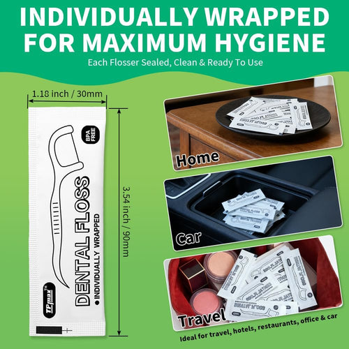 500 Count Dental Flossers Each Individually Wrapped, Floss Singles Bag, Travel Hotel Restaurant Office Car Dental Floss, Floss Picks Oral Care Teeth Clean Flat Wire