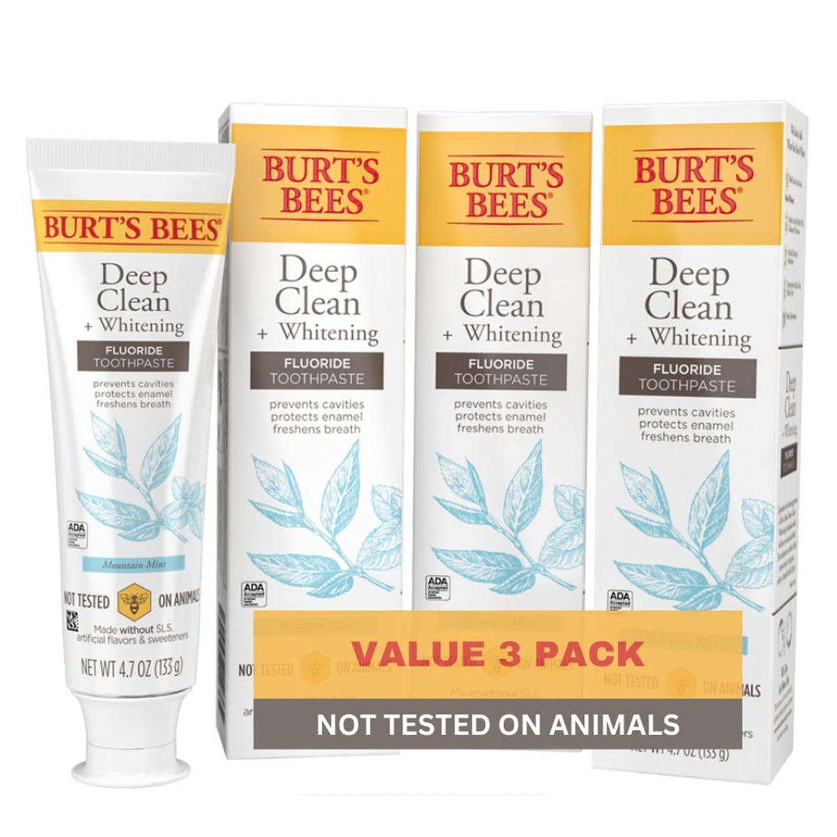 Burt's Bees Toothpaste, Natural Flavor, Fluoride-Free, Purely White, Zen Peppermint, 4.7 oz, Pack of 3