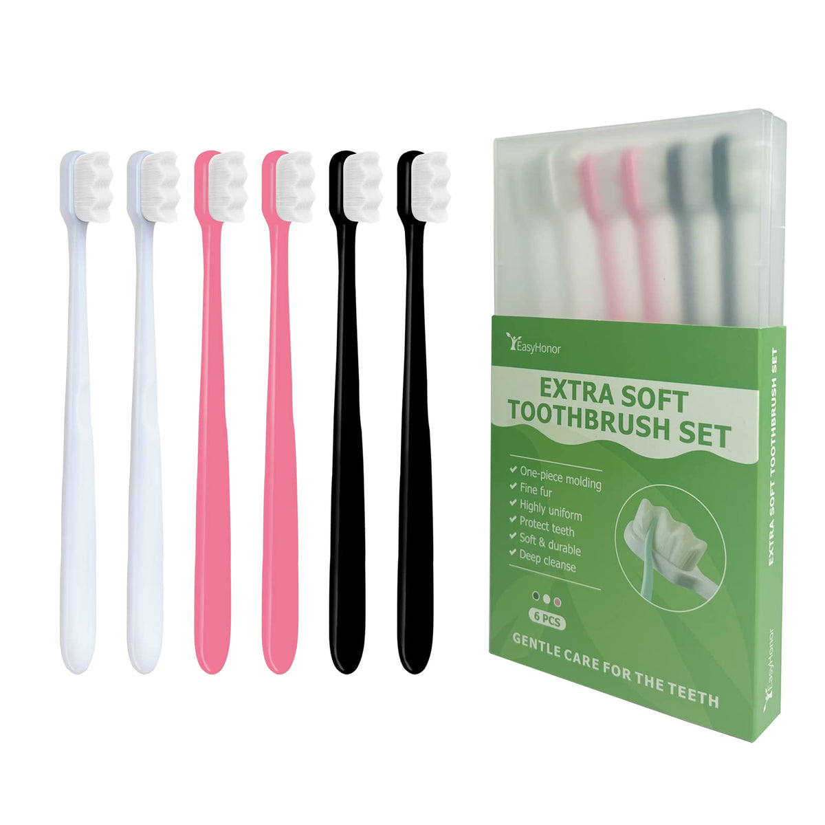 EasyHonor Extra Toothbrush for Sensitive Gums, Micro Fur Manual Toothbrush with 20000 Soft Floss Bristle for Pregnant Women, Elderly, Braces and Gum Recessions, Protect Fragile Gums (6 Pack)