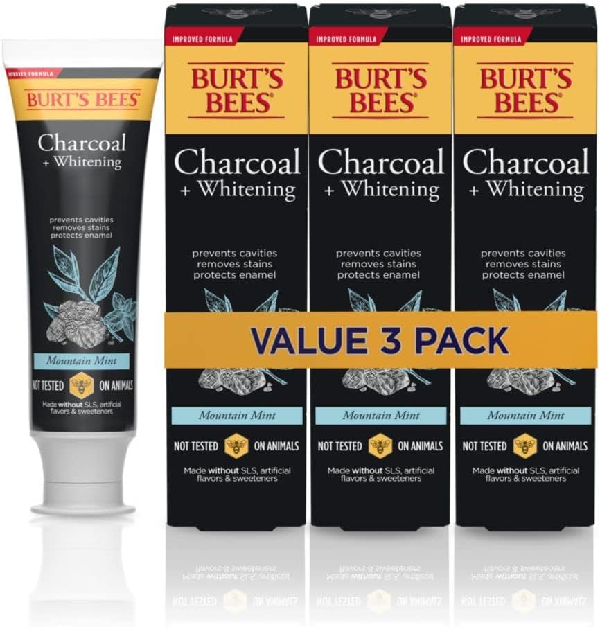 Burt's Bees Toothpaste, Natural Flavor, Charcoal with Fluoride Toothpaste, Mountain Mint, 3 x 4.7oz