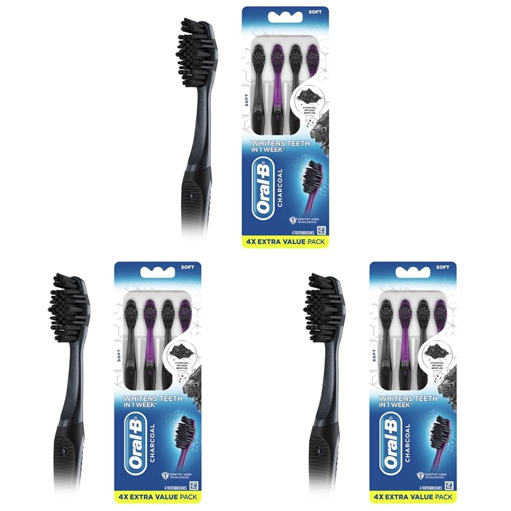 Oral-B 3D White Charcoal Toothbrush, 2 Count Soft Manual tootbrush Pack, Whitens Teeth, removes Plaque and Stains, Tongue Scraper Tooth Brush