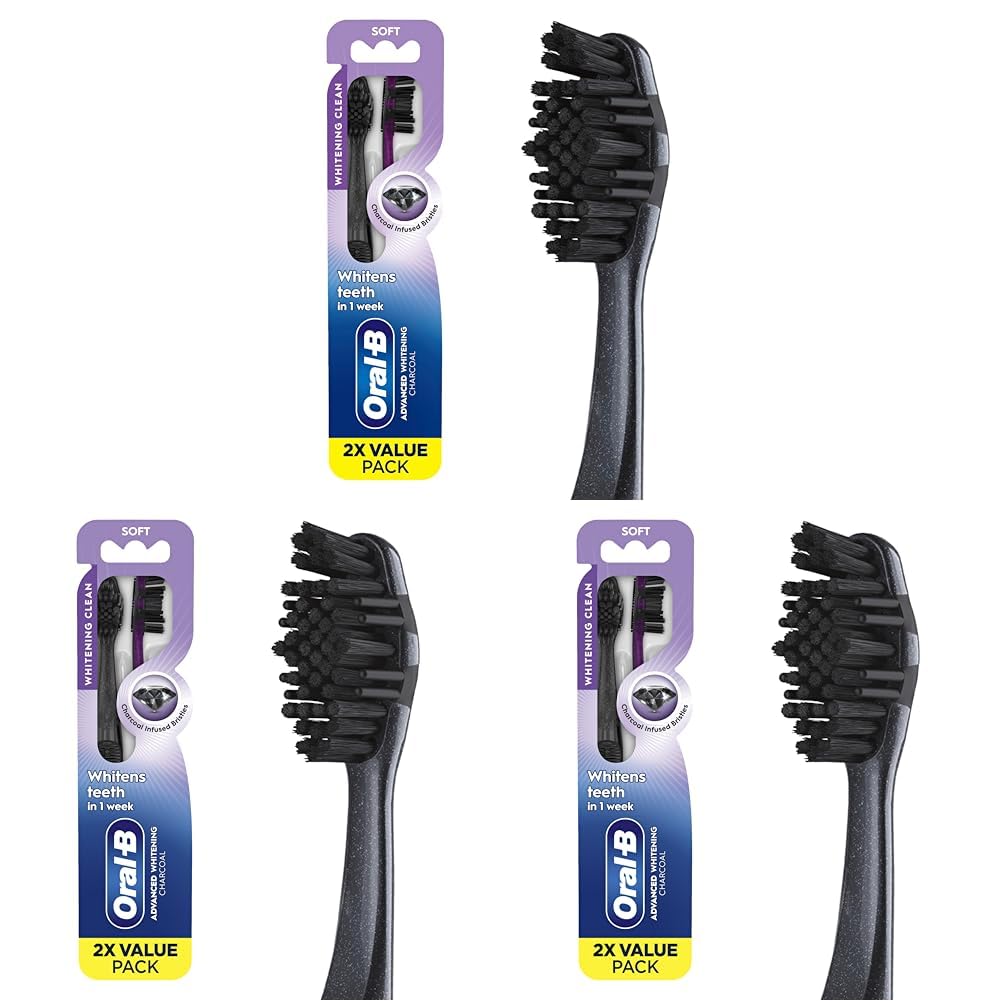 Oral-B 3D White Charcoal Toothbrush, 2 Count Soft Manual tootbrush Pack, Whitens Teeth, removes Plaque and Stains, Tongue Scraper Tooth Brush