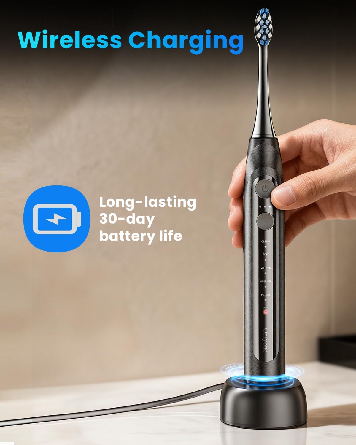 Onlyone Electric Toothbrush for Adults, Rechargeable Electric Toothbrush with 8 Brush Heads, Travel Case, Charging Base & Wireless Charging - 5 Modes with Smart Timer