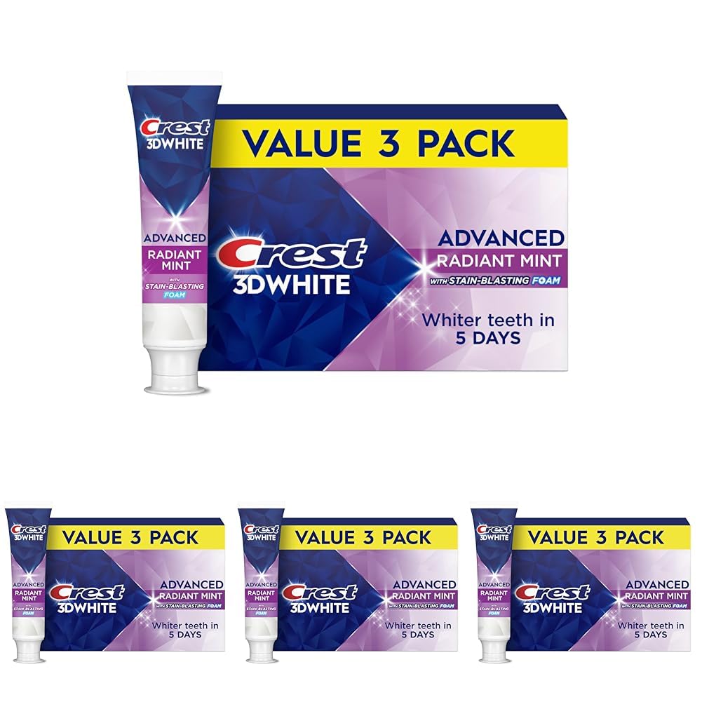 Crest 3D White Advanced Teeth Whitening Toothpaste, Crest 3D White Brilliance Toothpaste, Radiant Mint, 3.3 oz, Pack of 3 (Packaging May Vary)
