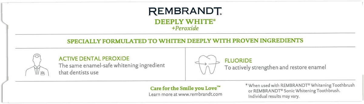 Rembrandt Deeply White + Peroxide Whitening Toothpaste, Peppermint Flavor, 3.5-Ounce (Pack of 2) (Packaging may Vary)