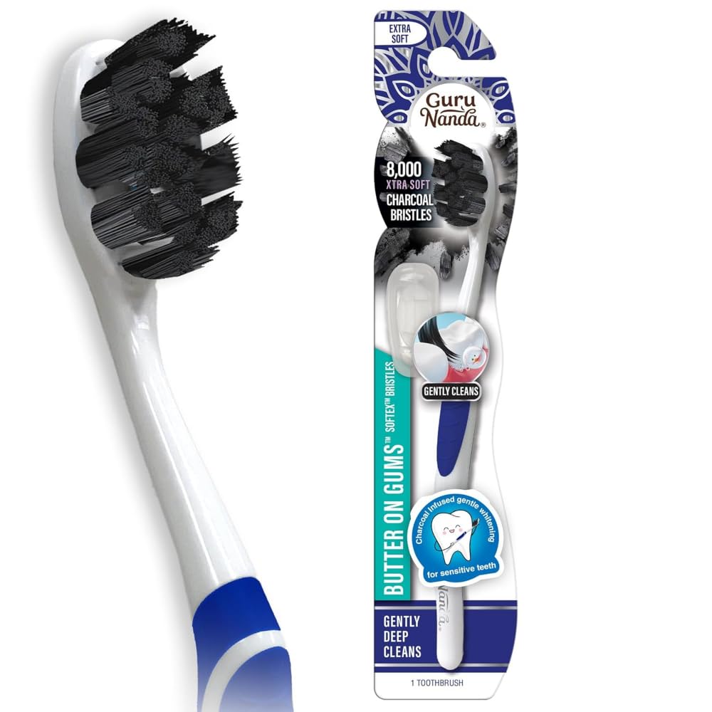 GuruNanda Butter on Gums Charcoal Toothbrush - 8000+ SoftexTM Bristles for Sensitive Teeth & Gums, Aids in Teeth Whitening, Extra Soft (6 Count)