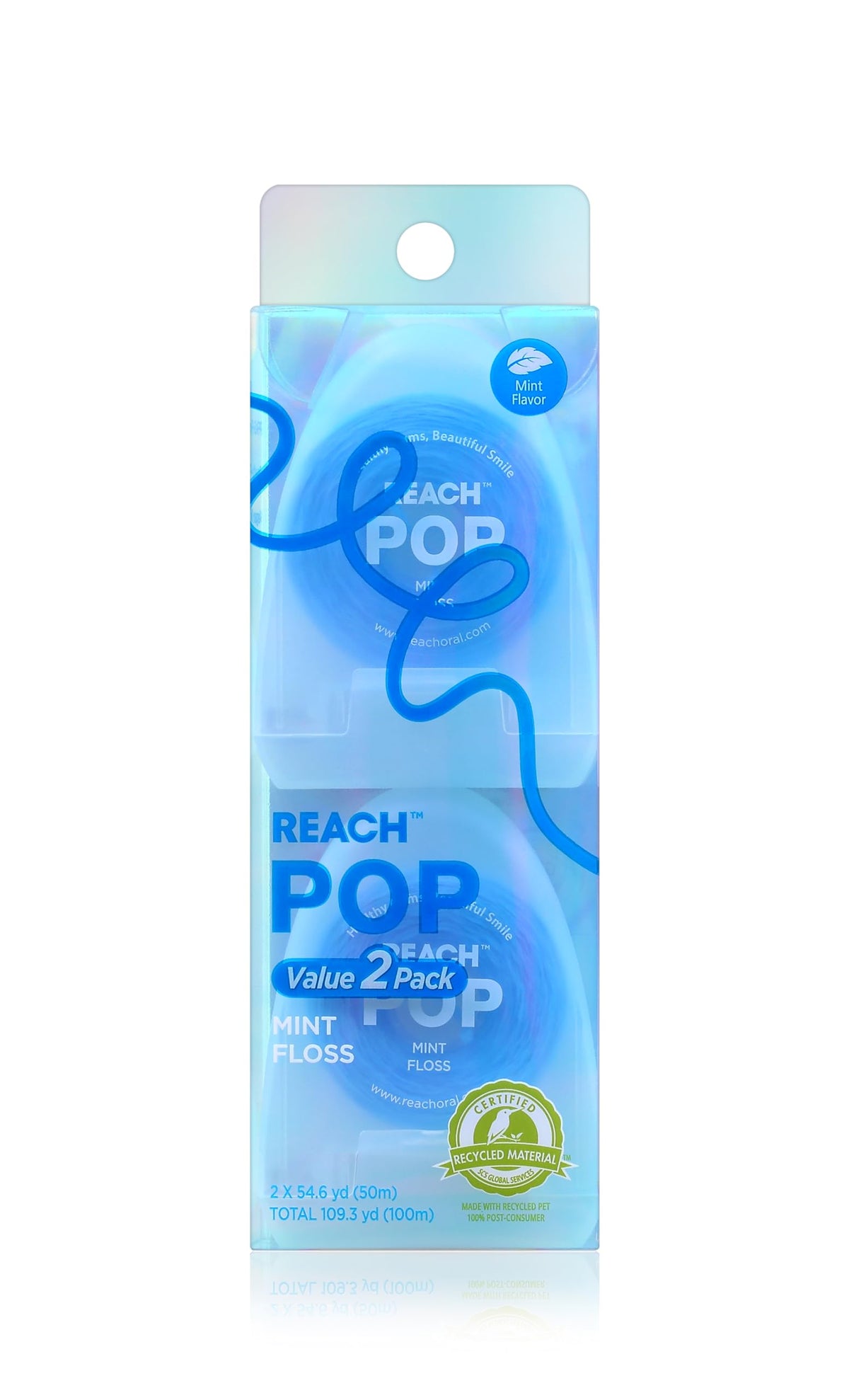 REACH POP Dental Floss, Mint, Plaque Remover for Teeth, Shred Resistant, Vegan Wax, Cruelty Free, Eco Friendly Packaging, Oral Care, PFAS Free, for Adults & Kids, 3 Pack, 54.6 yd