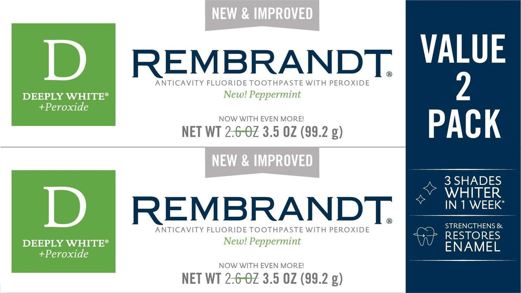Rembrandt Deeply White + Peroxide Whitening Toothpaste, Peppermint Flavor, 3.5-Ounce (Pack of 2) (Packaging may Vary)