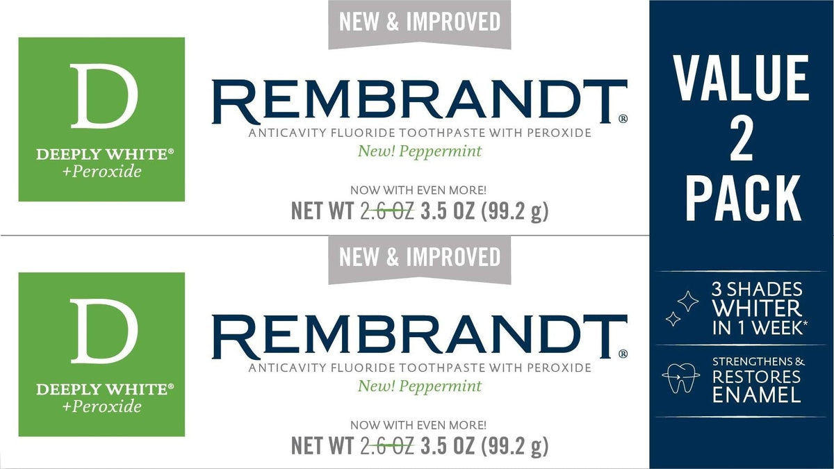 Rembrandt Deeply White + Peroxide Whitening Toothpaste, Peppermint Flavor, 3.5-Ounce (Pack of 2) (Packaging may Vary)