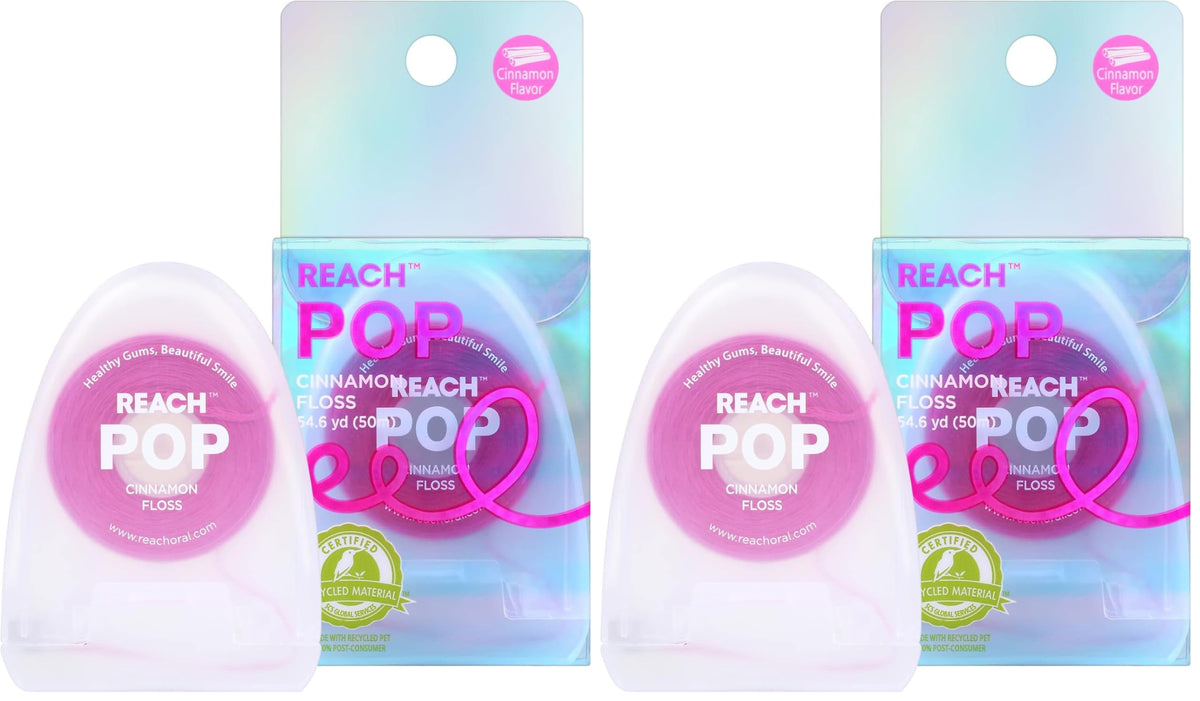 REACH POP Dental Floss, Cinnamon, Plaque Remover for Teeth, Shred Resistant, Vegan Wax, Cruelty Free, Eco Friendly Packaging, Oral Care, PFAS Free, for Adults & Kids, 3 Pack, 54.6 yd