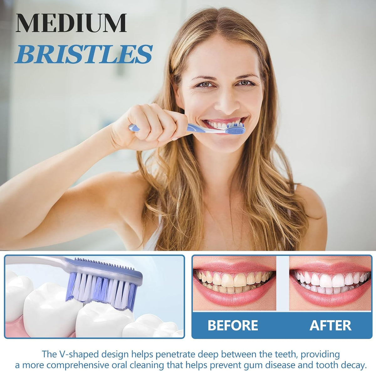 DR.BRIGHT Medium Toothbrushes for Adults with Tongue Scraper, 6 Pack