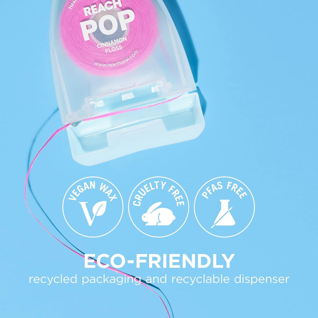 REACH POP Dental Floss, Cinnamon, Plaque Remover for Teeth, Shred Resistant, Vegan Wax, Cruelty Free, Eco Friendly Packaging, Oral Care, PFAS Free, for Adults & Kids, 3 Pack, 54.6 yd