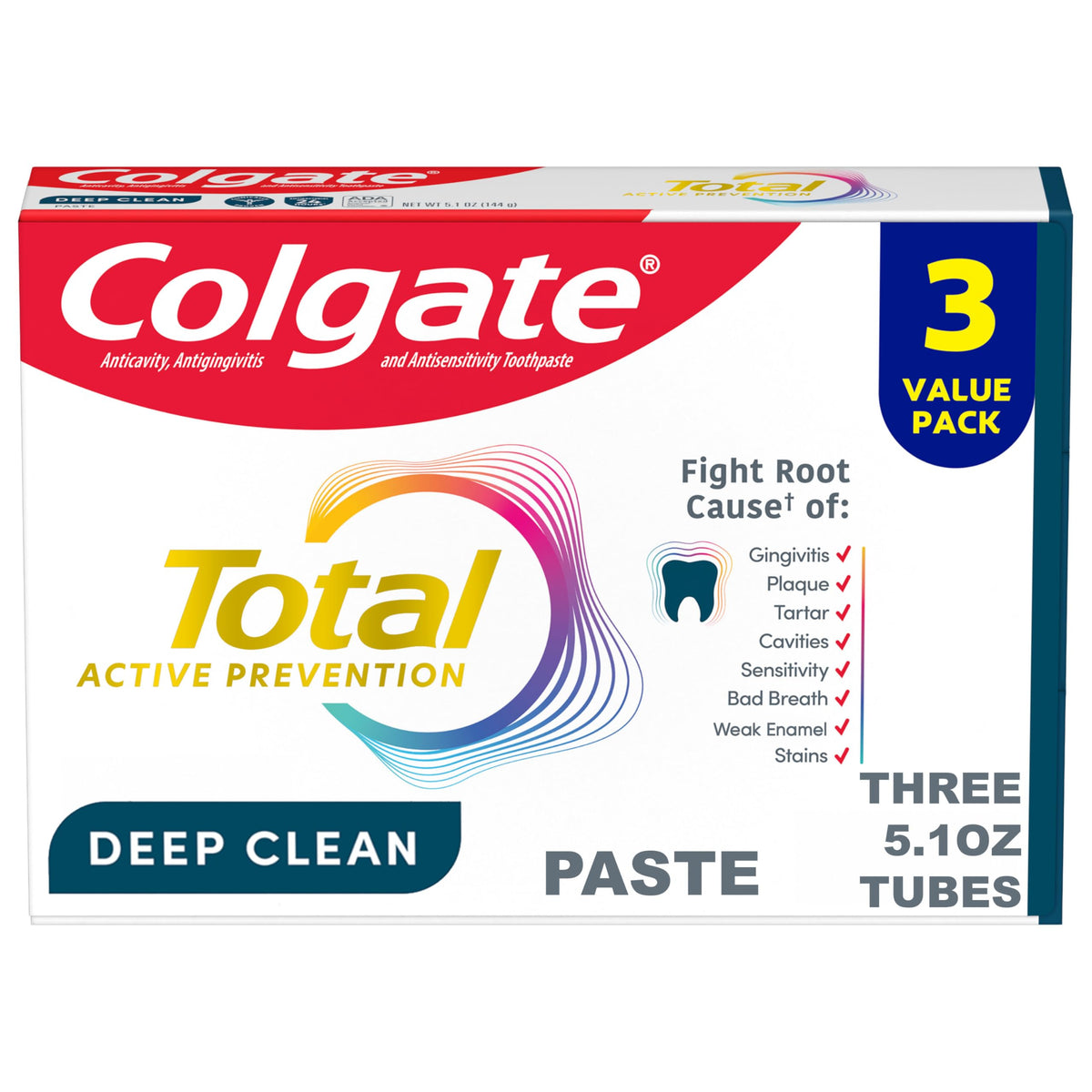 Colgate Total Deep Clean Toothpaste, Mint, 3 Pack, 5.1 oz