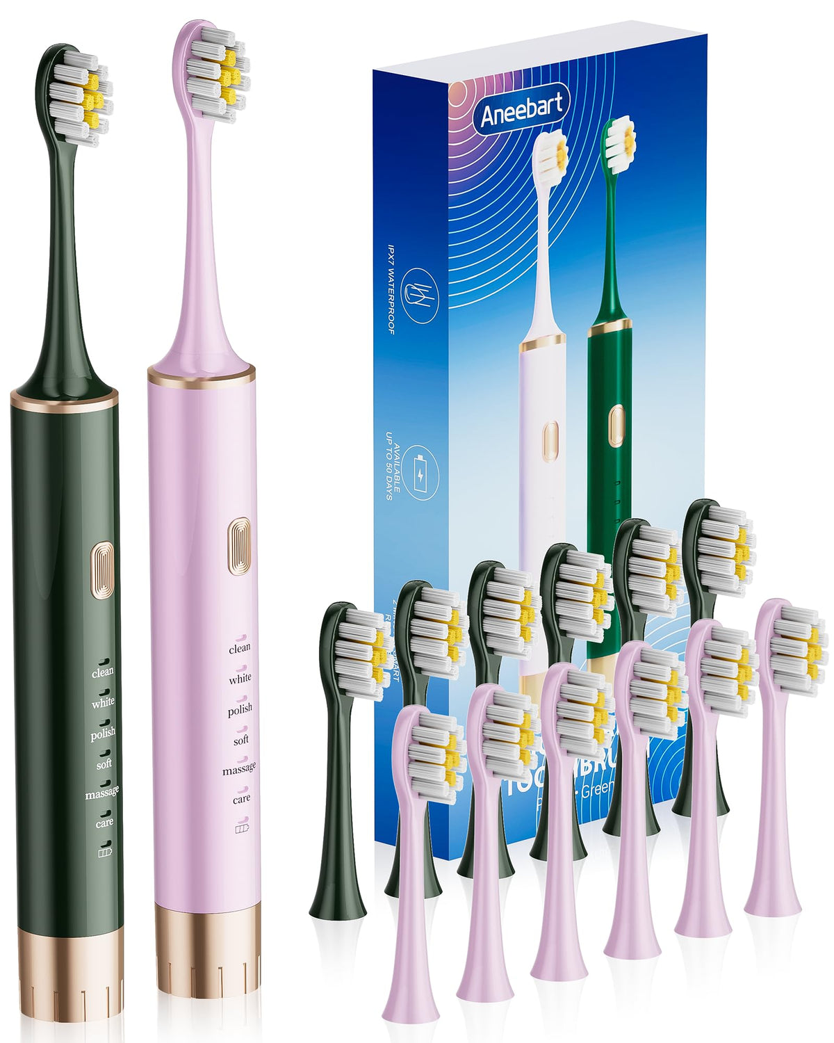 Aneebart Sonic 2 Pack Electric Toothbrush for Adults, Travel Toothbrush Includes 12 Replacement Toothbrush Heads, 6 Modes with 2 MIN Smart Timer (Black White)