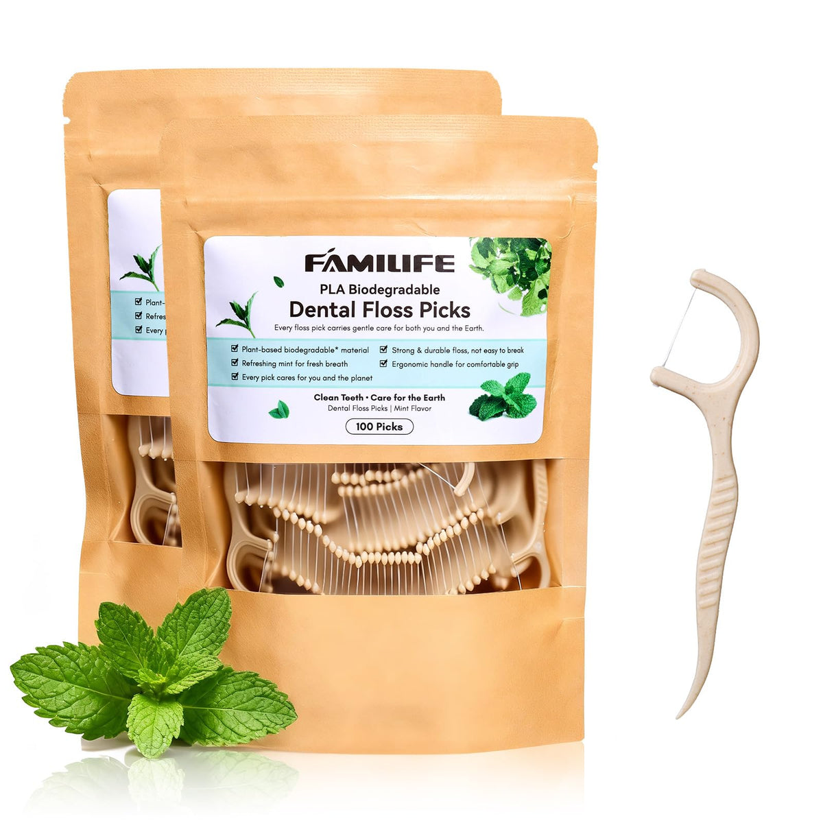 FAMILIFE Floss Picks, 240 Count Mint Dental Floss Picks with 4 Travel Cases