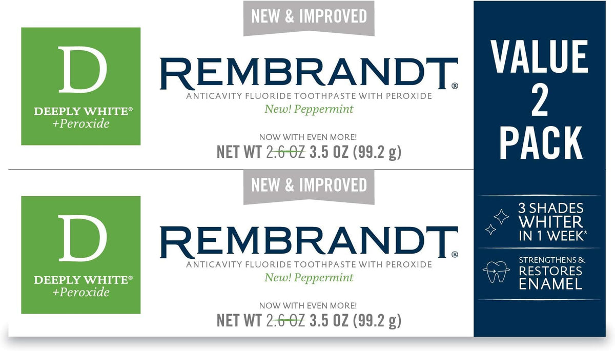 Rembrandt Deeply White + Peroxide Whitening Toothpaste, Peppermint Flavor, 3.5-Ounce (Pack of 2) (Packaging may Vary)