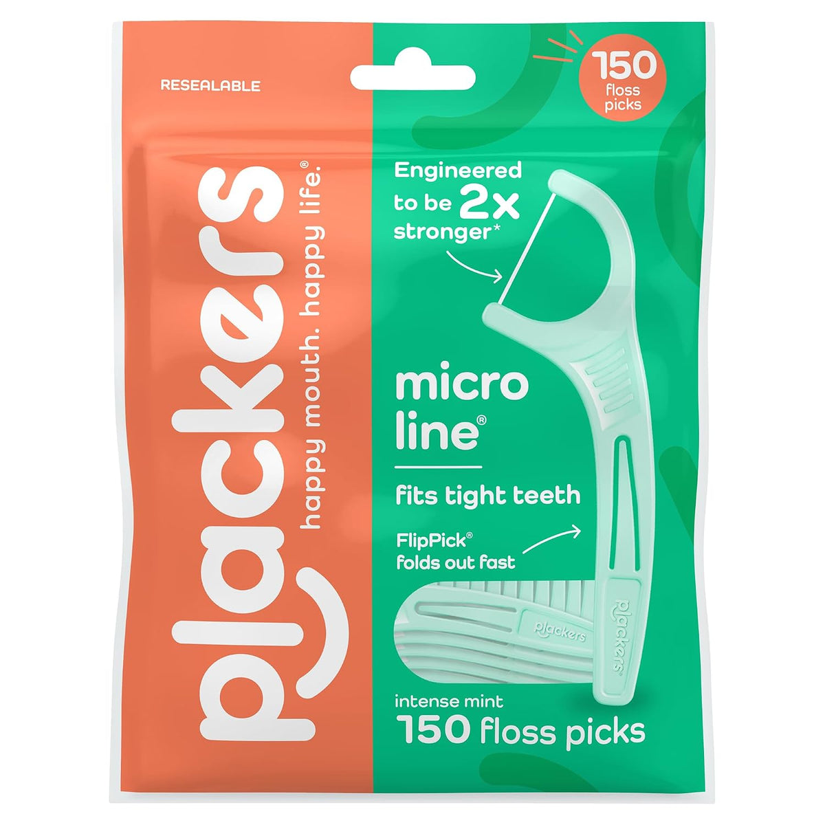 Plackers Micro Line Floss Picks, Intense Mint, 150 Count