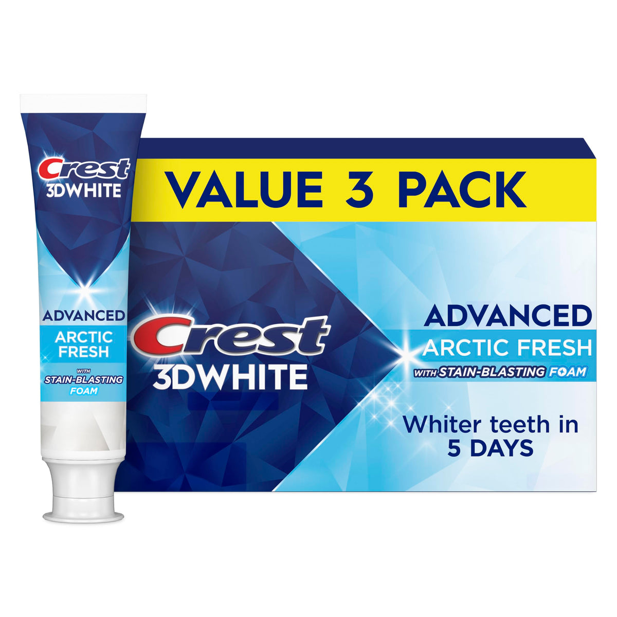 Crest 3D White Advanced Teeth Whitening Toothpaste, Arctic Fresh, 3.3 oz, Pack of 3 (Packaging May Vary)