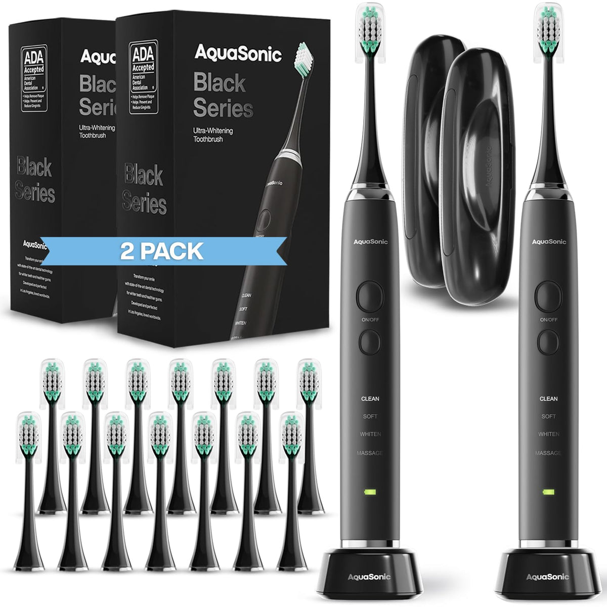 Aquasonic Black Series Ultra Whitening Toothbrush – ADA Accepted Electric Toothbrush- 8 Brush Heads & Travel Case – 40,000 VPM Electric Motor & Wireless Charging - 4 Modes w Smart Timer