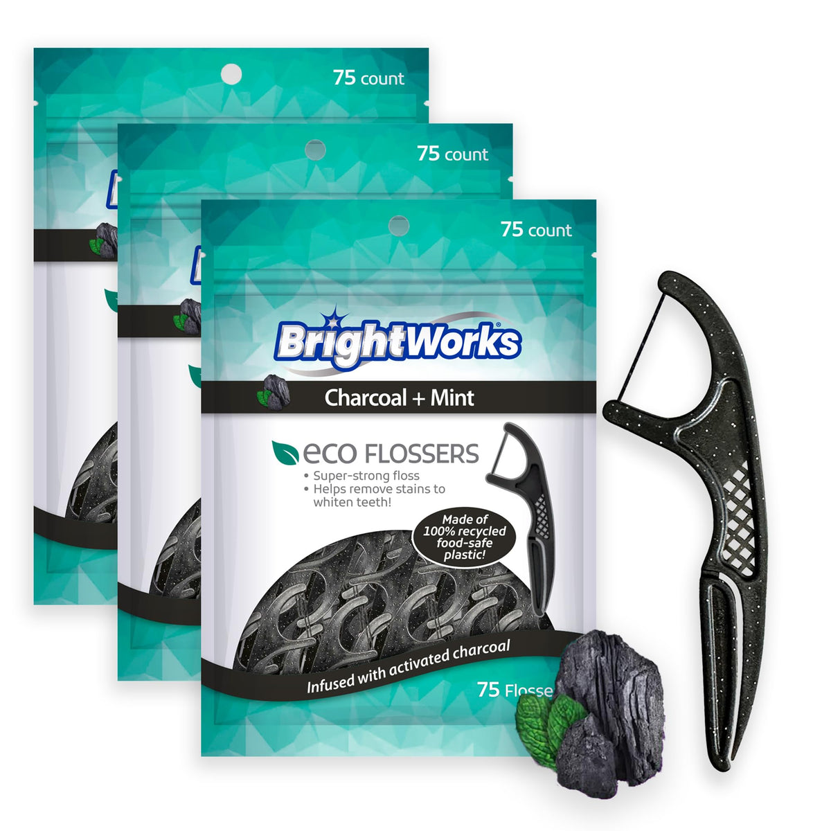 Brightworks ECO Sustainable Floss Picks - 270 Count - PFAS Free -100% Post-Consumer Recycled Plastic, Super Strong Mint-Flavored Floss with Micro-Crystals