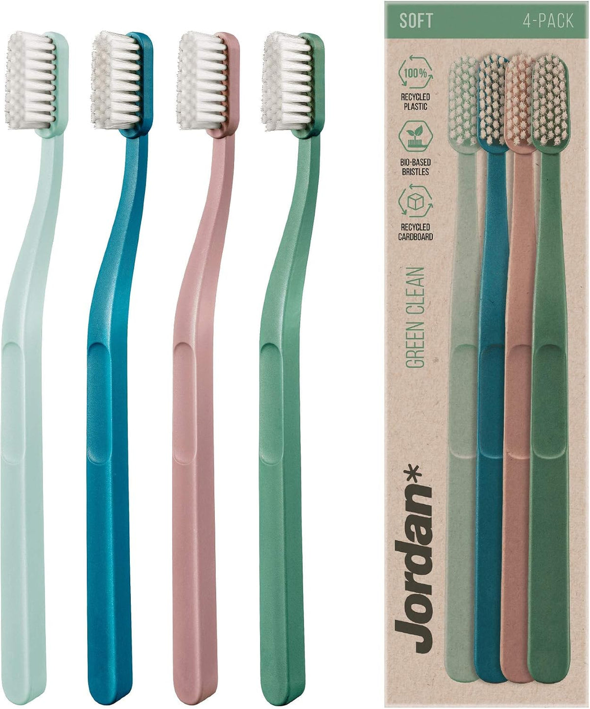 Jordan* ® | Green Clean Manual Toothbrush | Sustainable, Scandinavian Design, Soft Bristles, Mixed Colors | 4 Units