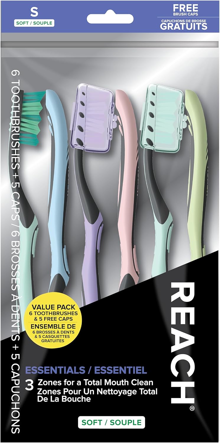 Reach Essentials Medium Toothbrushes with Toothbrush Caps, 6 Count