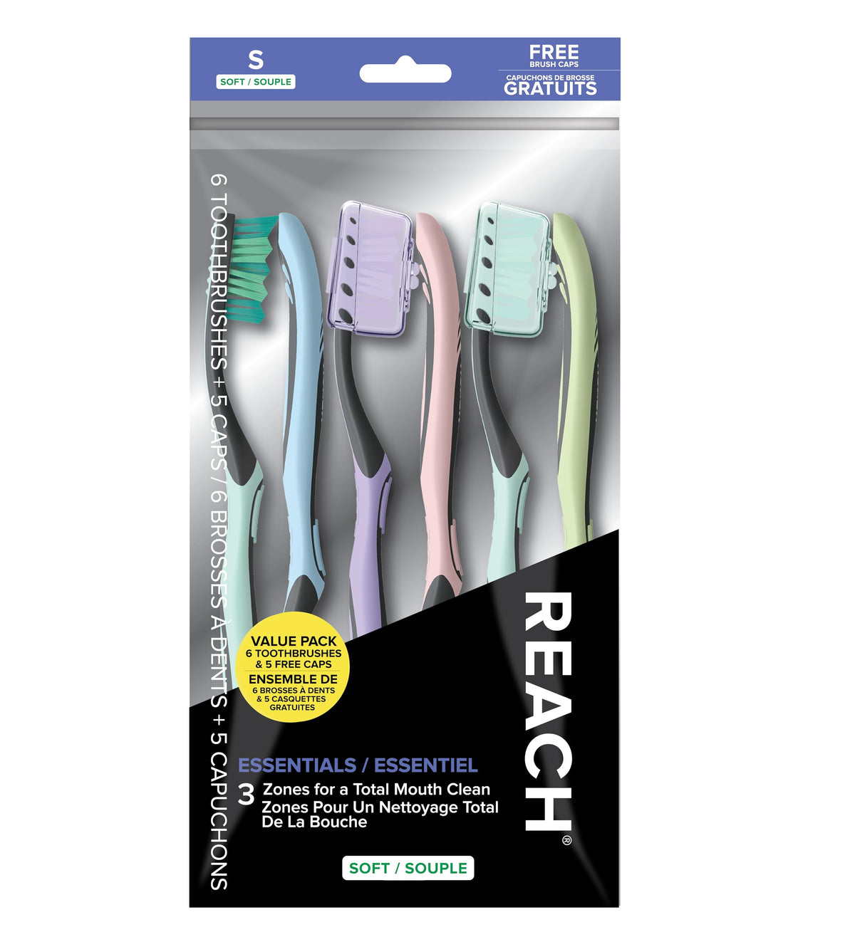 Reach Essentials Soft Toothbrushes with Toothbrush Caps, 6 Count