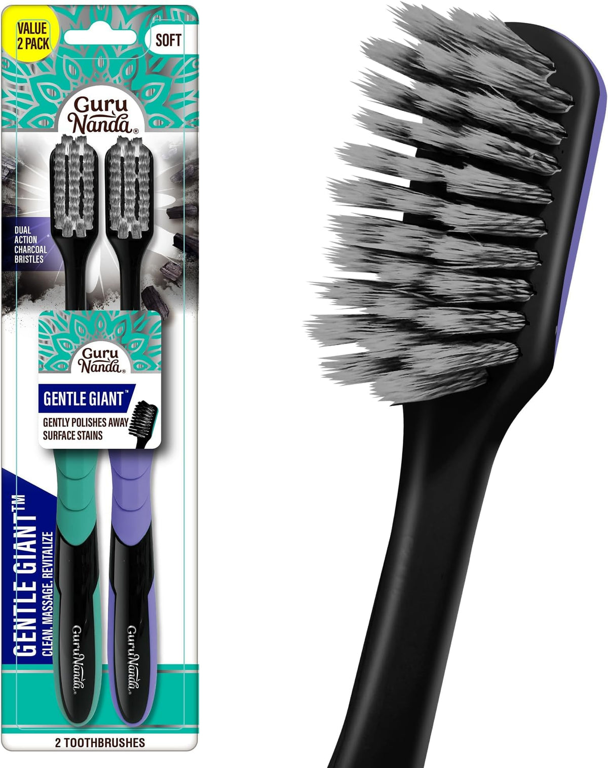 GuruNanda Gentle Giant Toothbrush with Dual Action Flossing Spiral Bristles, Non-Slip Ergo Dexa Grip, Helps in Teeth Whitening, BPA Free Manual Toothbrushes, Assorted Colors, 4 Count
