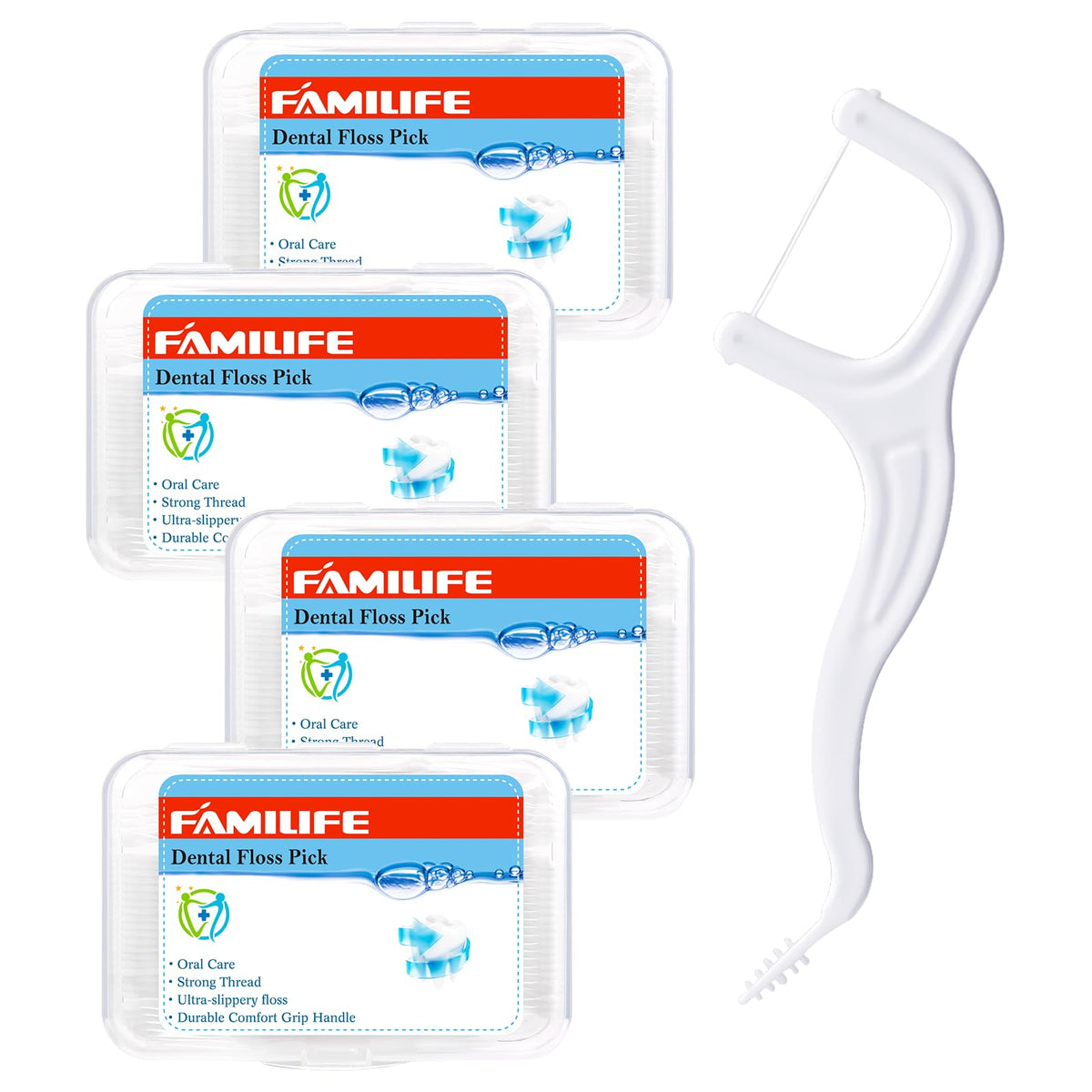 FAMILIFE Floss Picks, 240 Count Mint Dental Floss Picks with 4 Travel Cases