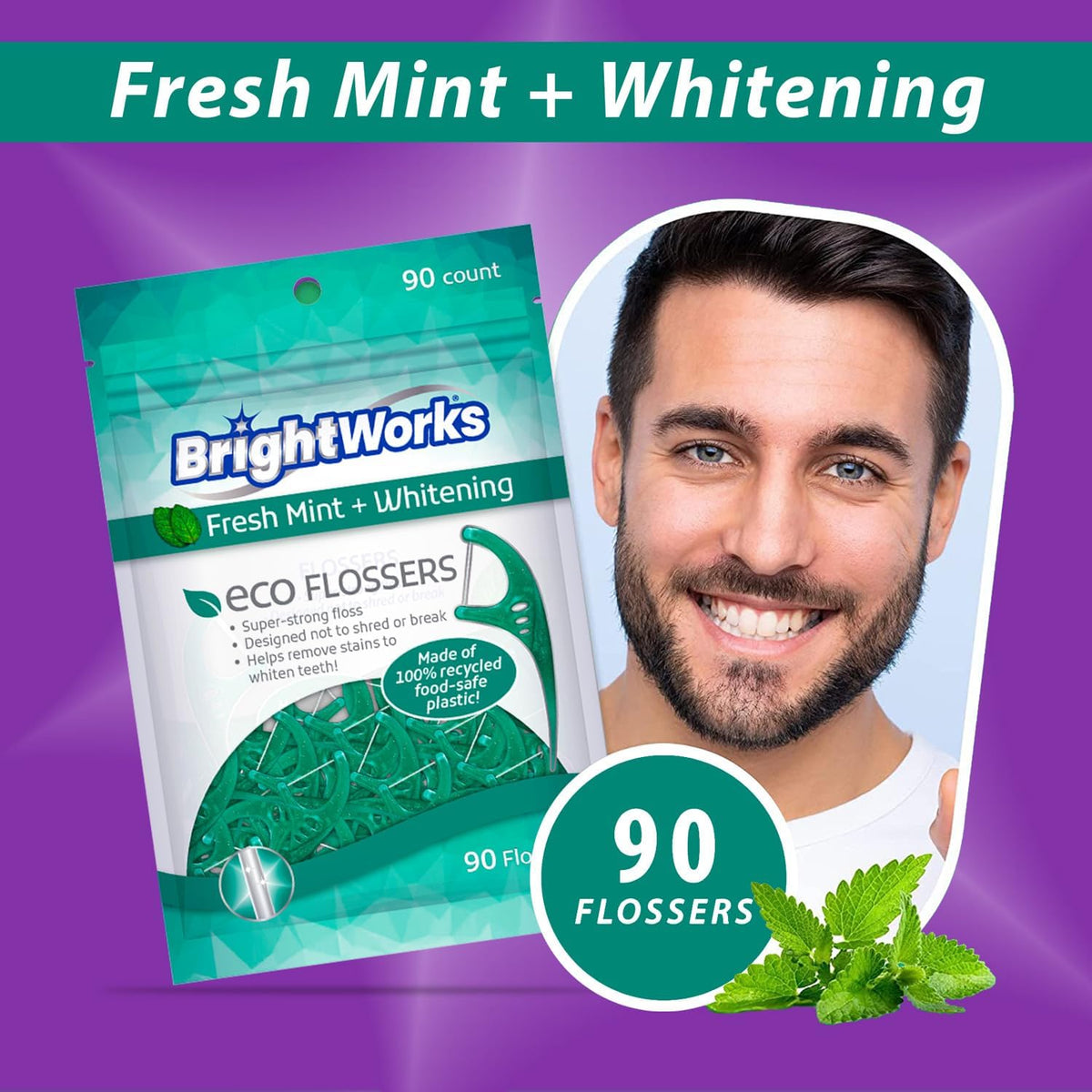 Brightworks ECO Sustainable Floss Picks - 270 Count - PFAS Free -100% Post-Consumer Recycled Plastic, Super Strong Mint-Flavored Floss with Micro-Crystals