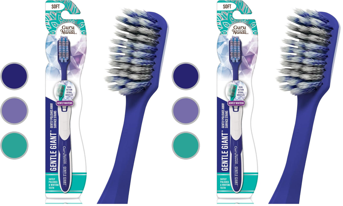 GuruNanda Gentle Giant Toothbrush with Dual Action Flossing Spiral Bristles, Non-Slip Ergo Dexa Grip, Helps in Teeth Whitening, BPA Free Manual Toothbrushes, Assorted Colors, 4 Count