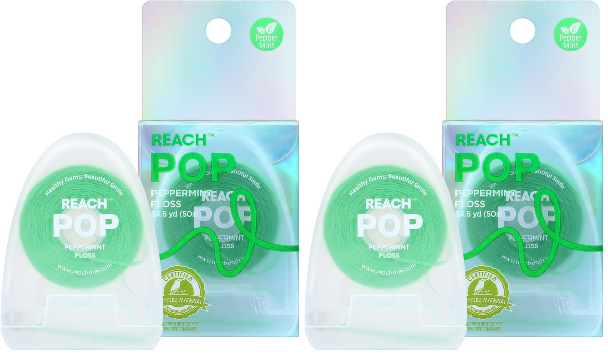 REACH POP Dental Floss, Peppermint, Plaque Remover for Teeth, Shred Resistant, Vegan Wax, Cruelty Free, Eco Friendly Packaging, Oral Care, PFAS Free, for Adults & Kids, 1 Pack, 54.6 yd