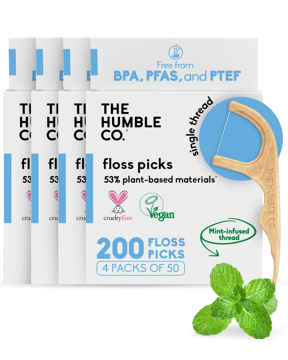 The Humble Co. Dental Floss Picks, Double Thread, Charcoal (200 Count)