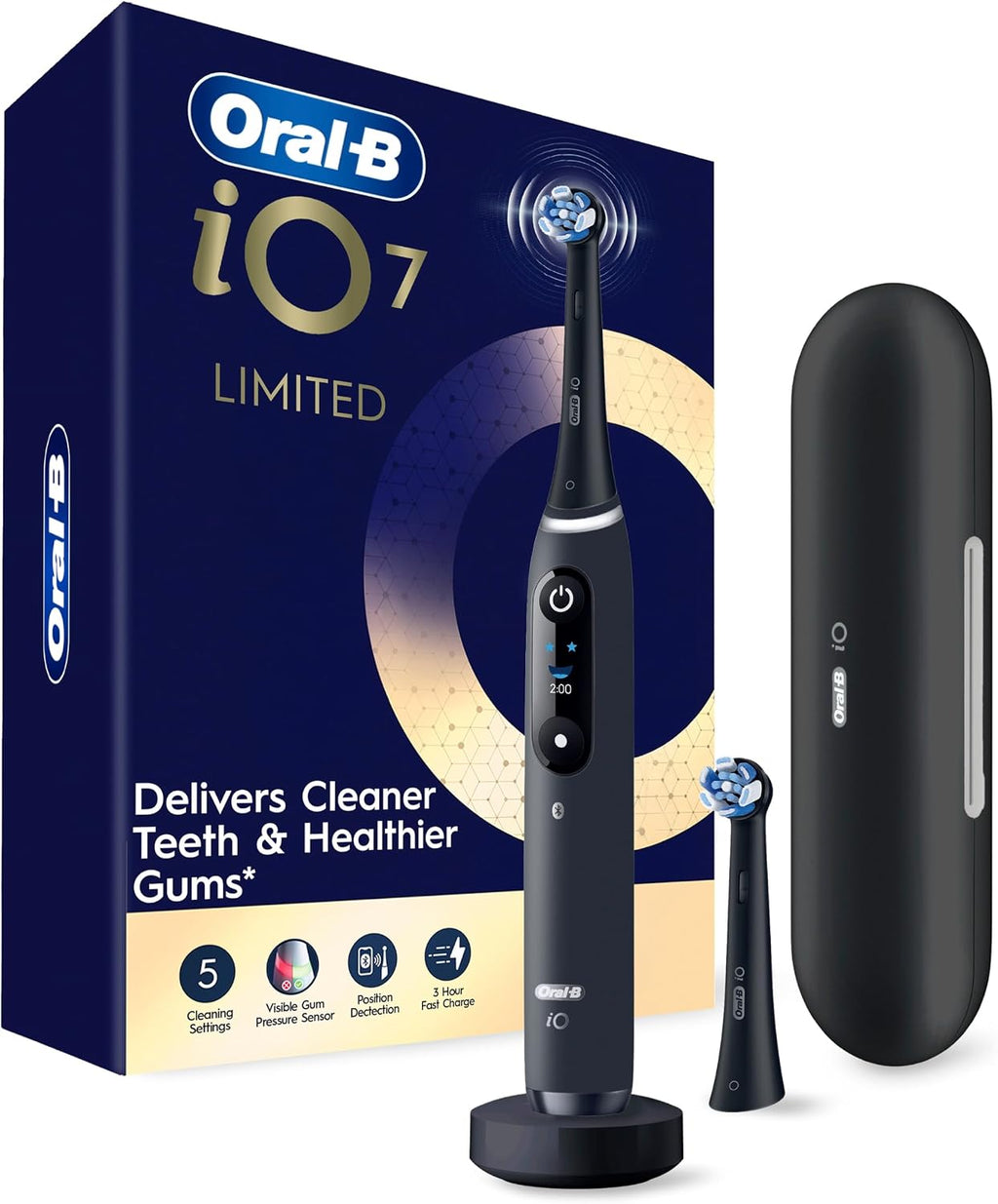 Oral-B iO Deep Clean + Protect Rechargeable Electric Toothbrush, Black, iO Series 7, 2 Replacement Brush Heads, Charging Travel Case (package may vary)