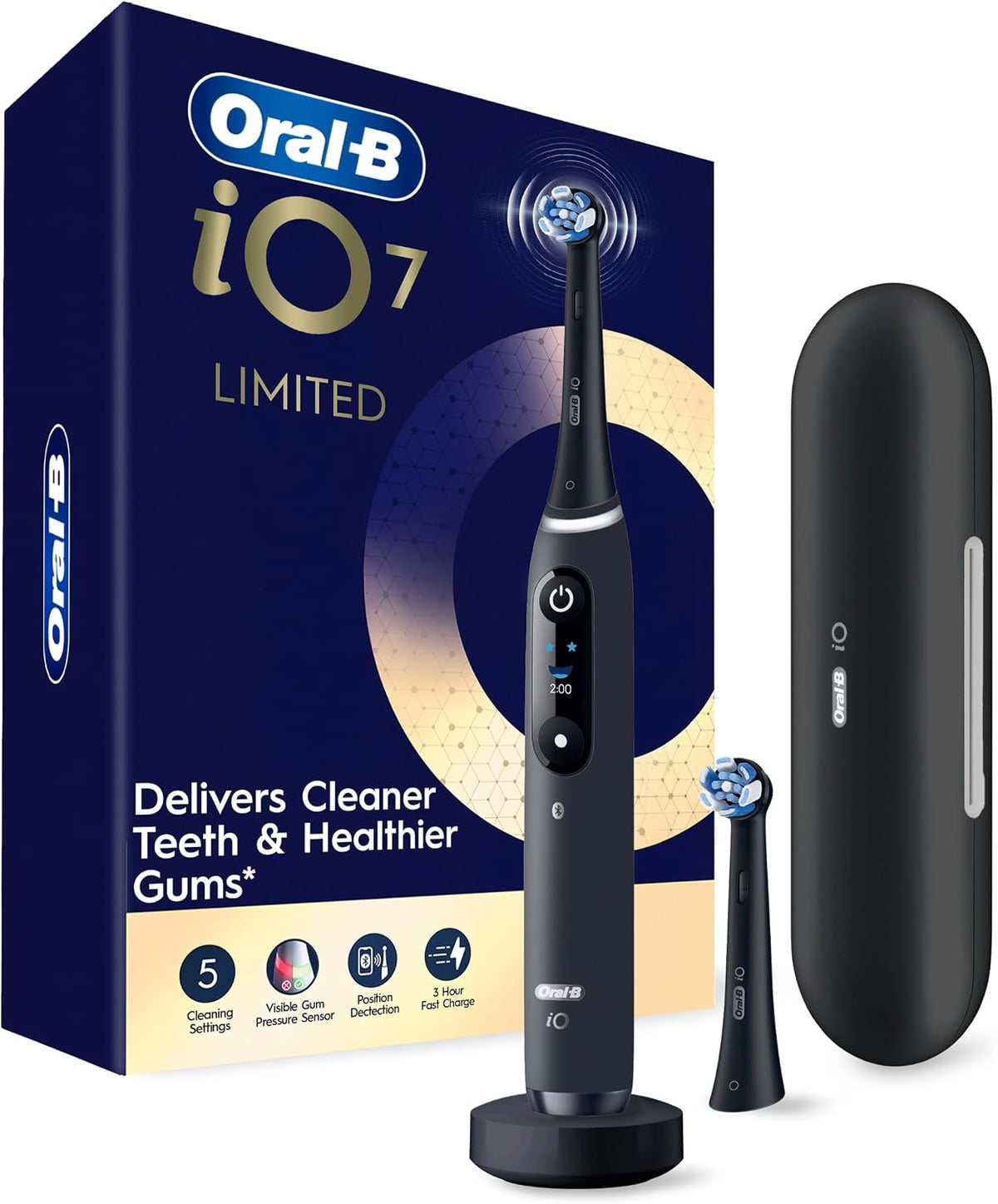 Oral-B iO Deep Clean + Protect Rechargeable Electric Toothbrush, Black, iO Series 7, 2 Replacement Brush Heads, Charging Travel Case (package may vary)