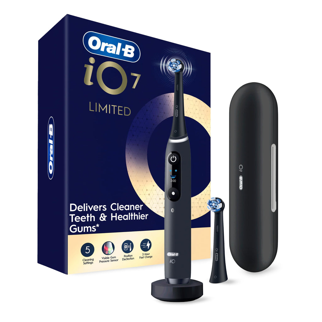 Oral-B iO Deep Clean + Protect Rechargeable Electric Toothbrush, Black, iO Series 7, 2 Replacement Brush Heads, Charging Travel Case (package may vary)
