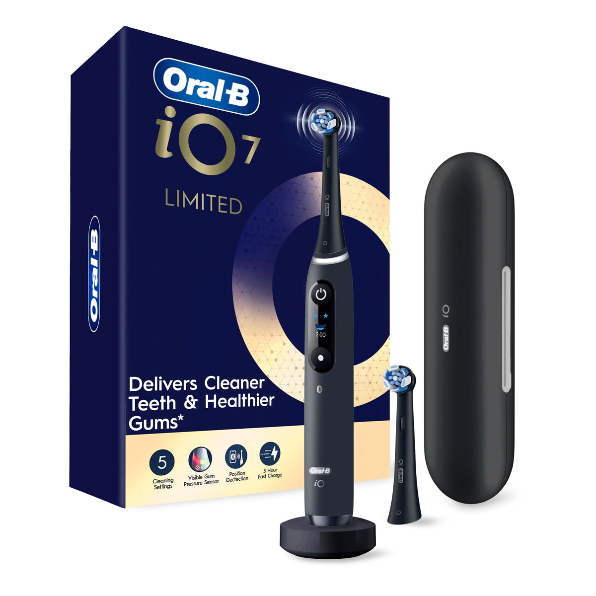 Oral-B iO Deep Clean + Protect Rechargeable Electric Toothbrush, Black, iO Series 7, 2 Replacement Brush Heads, Charging Travel Case (package may vary)