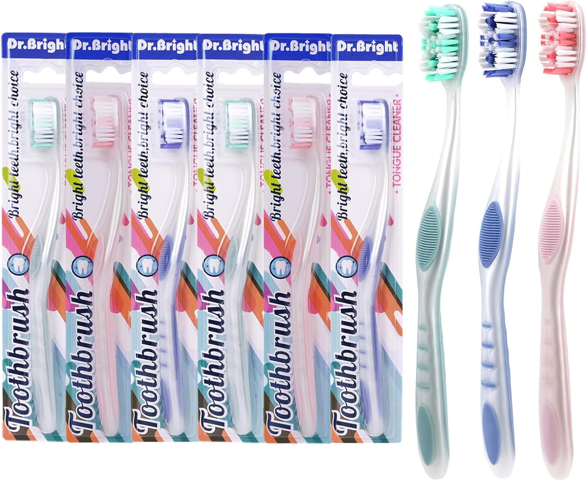DR.BRIGHT Medium Toothbrushes for Adults with Tongue Scraper, 6 Pack