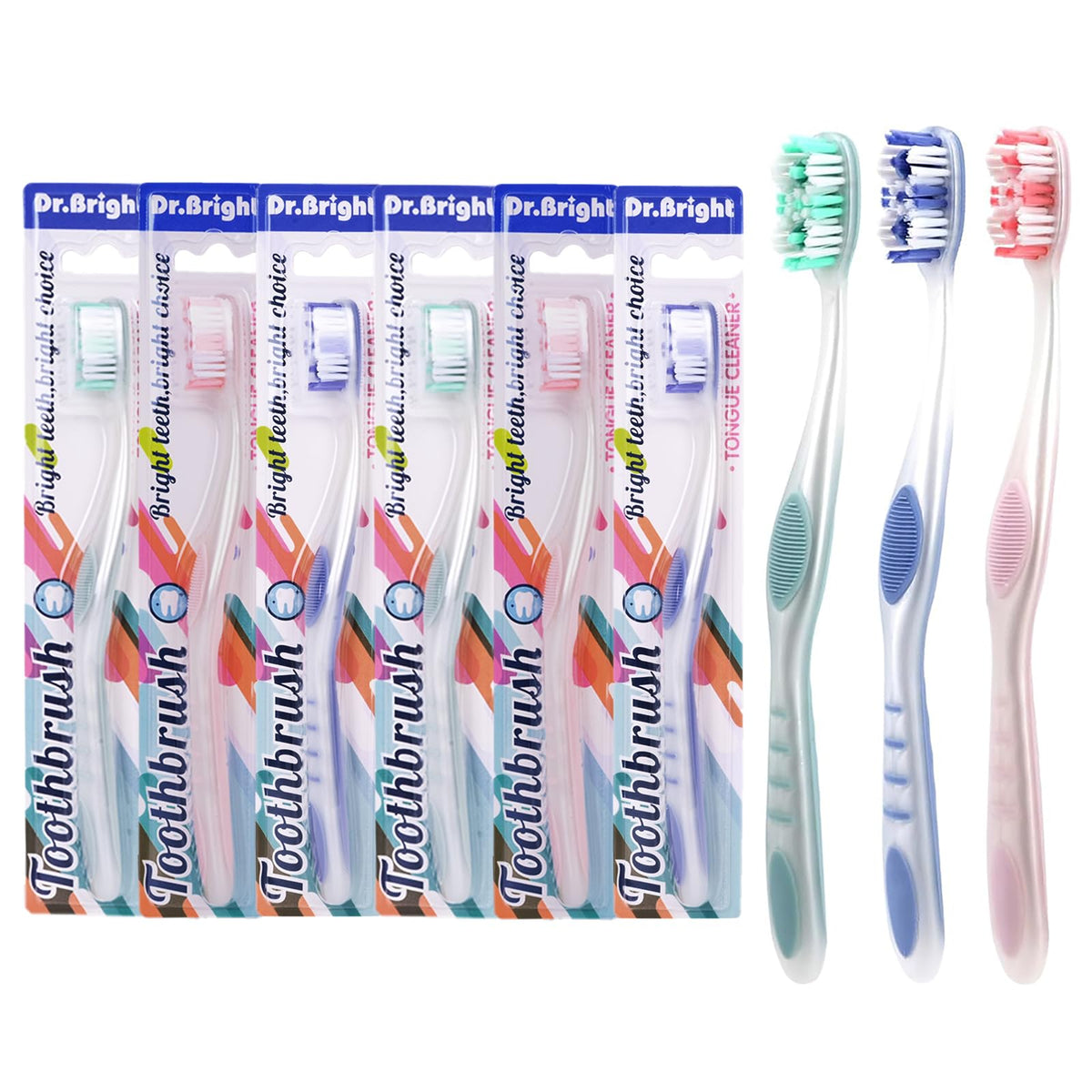 DR.BRIGHT Medium Toothbrushes for Adults with Tongue Scraper, 6 Pack